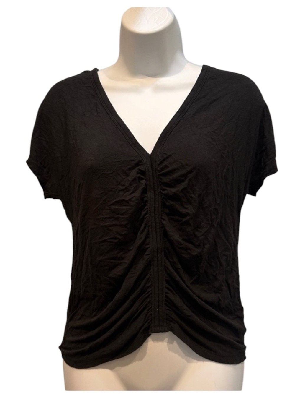 American Eagle Soft & Sexy Black V-Neck Ruched T-Shirt Medium